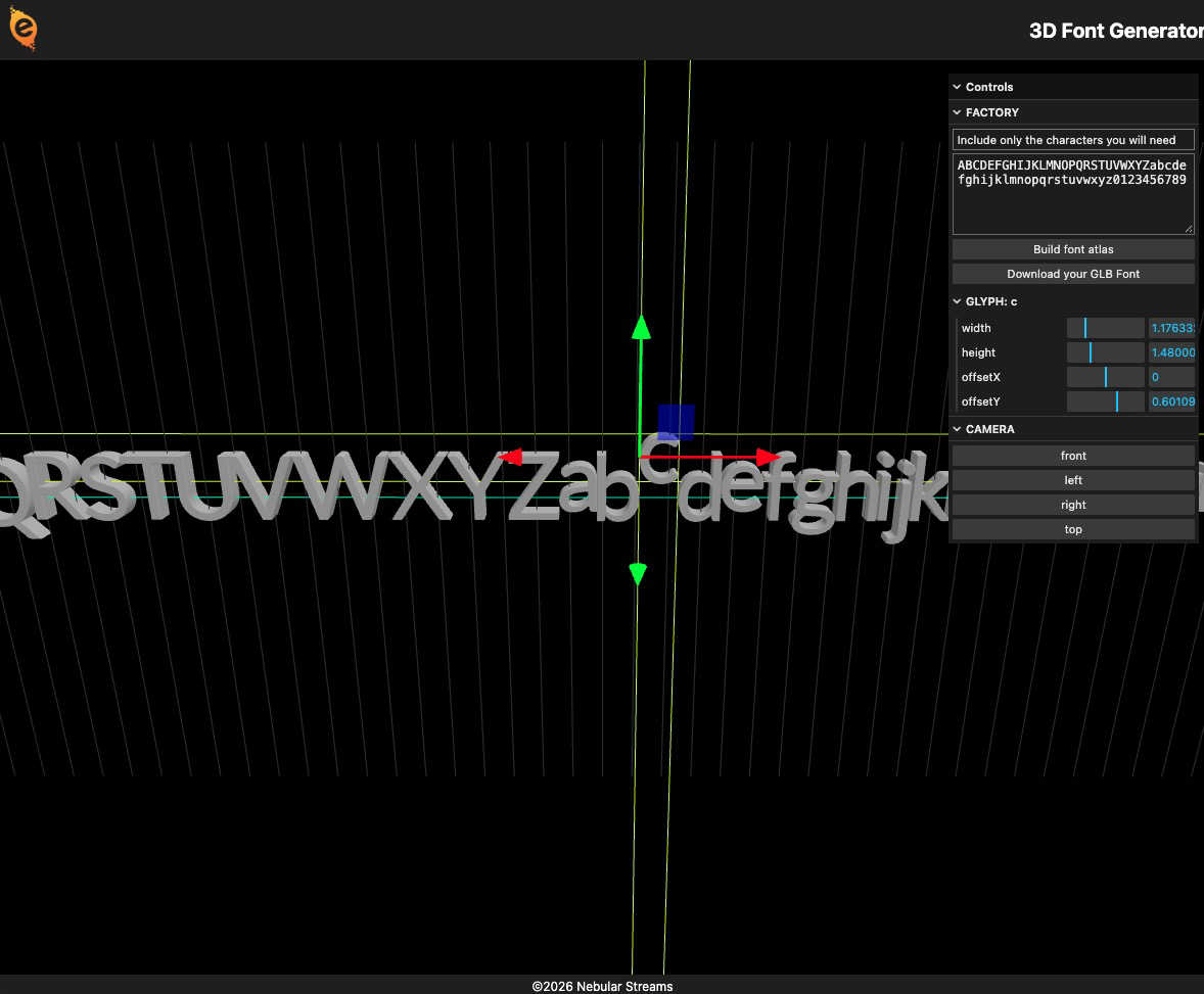 The Nebular 3D Font Generator showing an atlas of editable glyph meshes