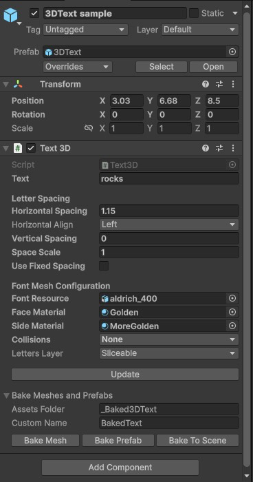 The Text 3D component in the Unity Inspector