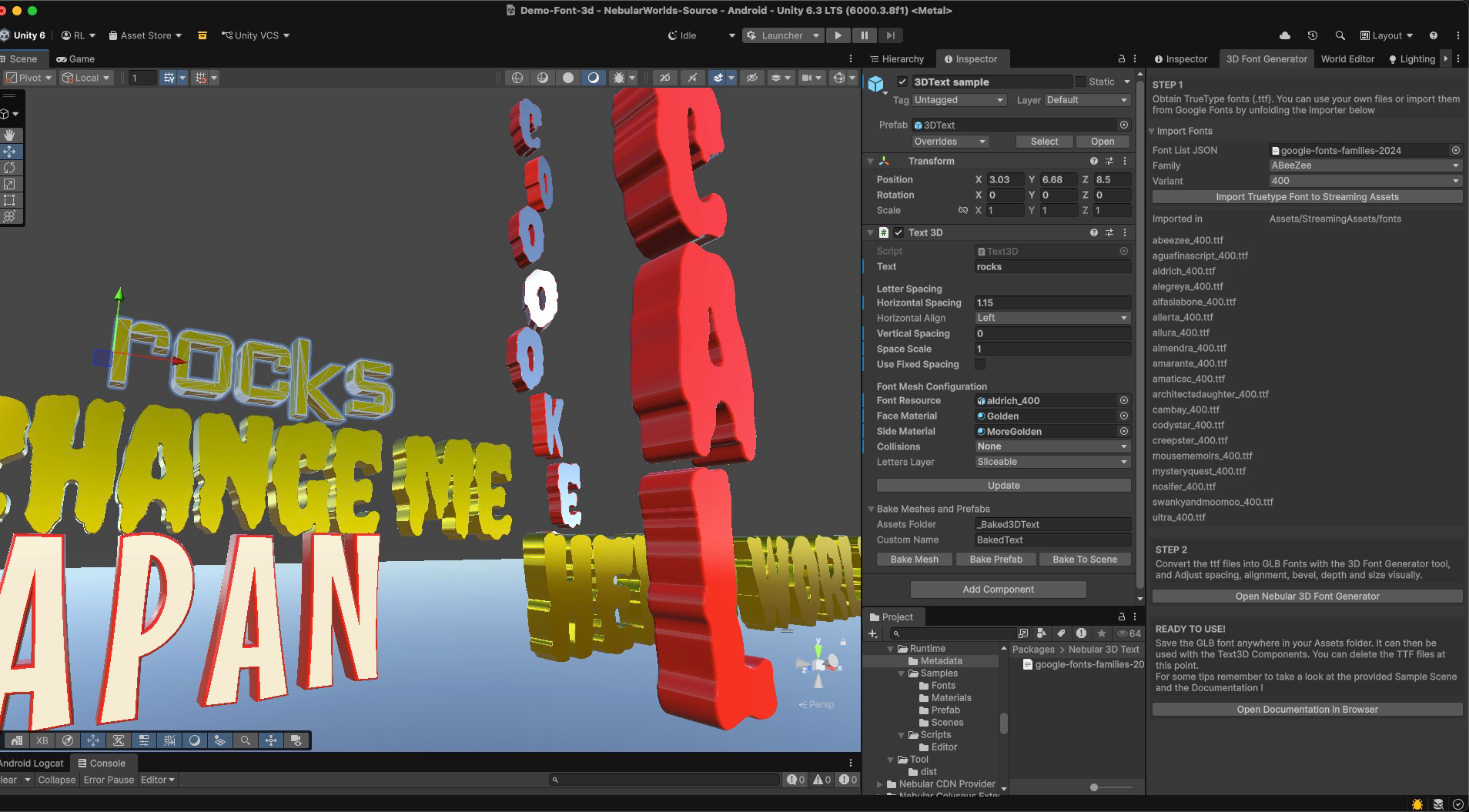 The package demo scene, Text 3D Inspector, and 3D Font Generator window in Unity