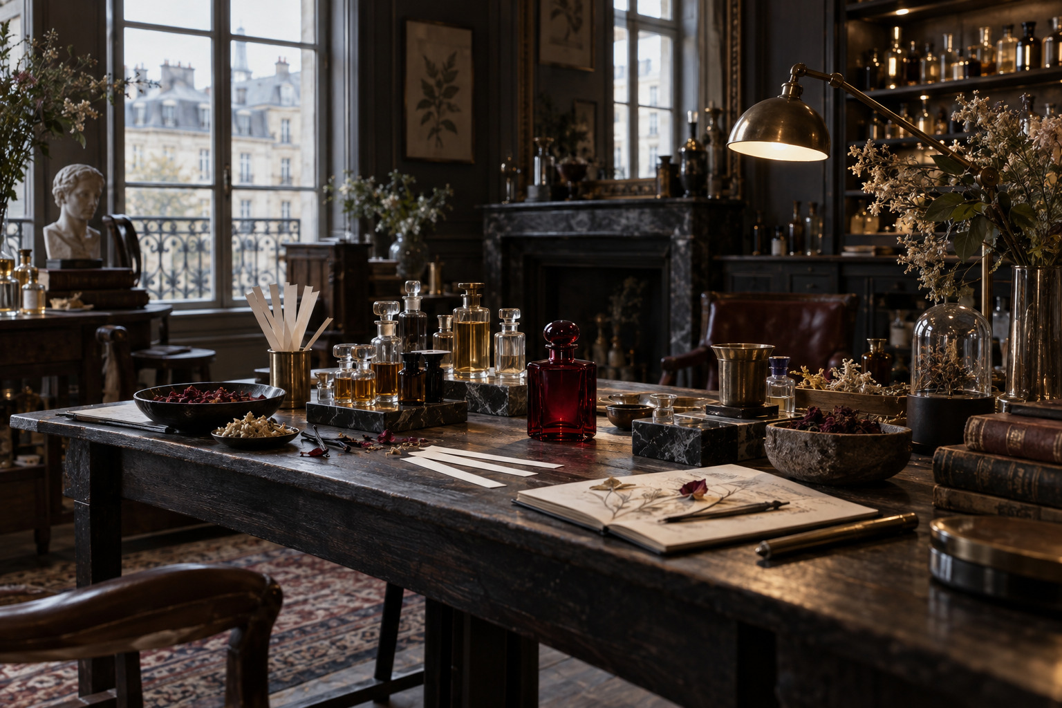 A dark Parisian perfume atelier filled with essences and botanical studies