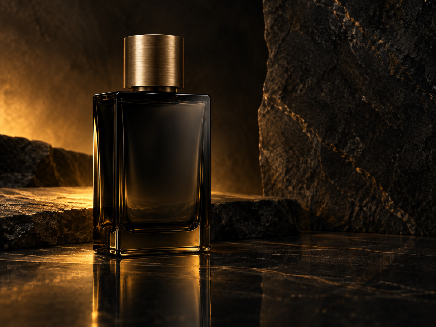 Dark fragrance bottle in amber evening light Dark fragrance bottle in amber evening light