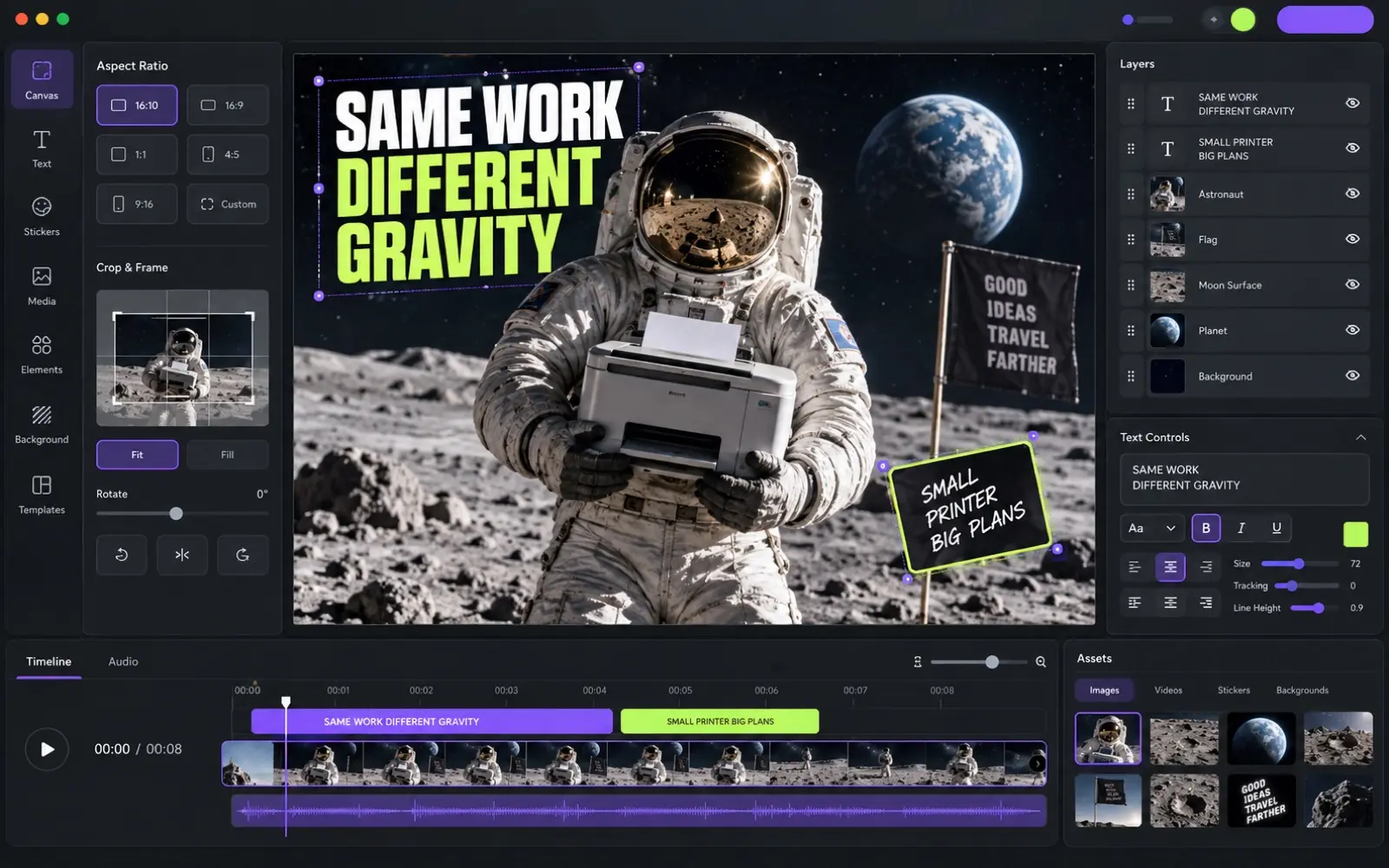 Meme Reactor editor composing an astronaut and printer meme