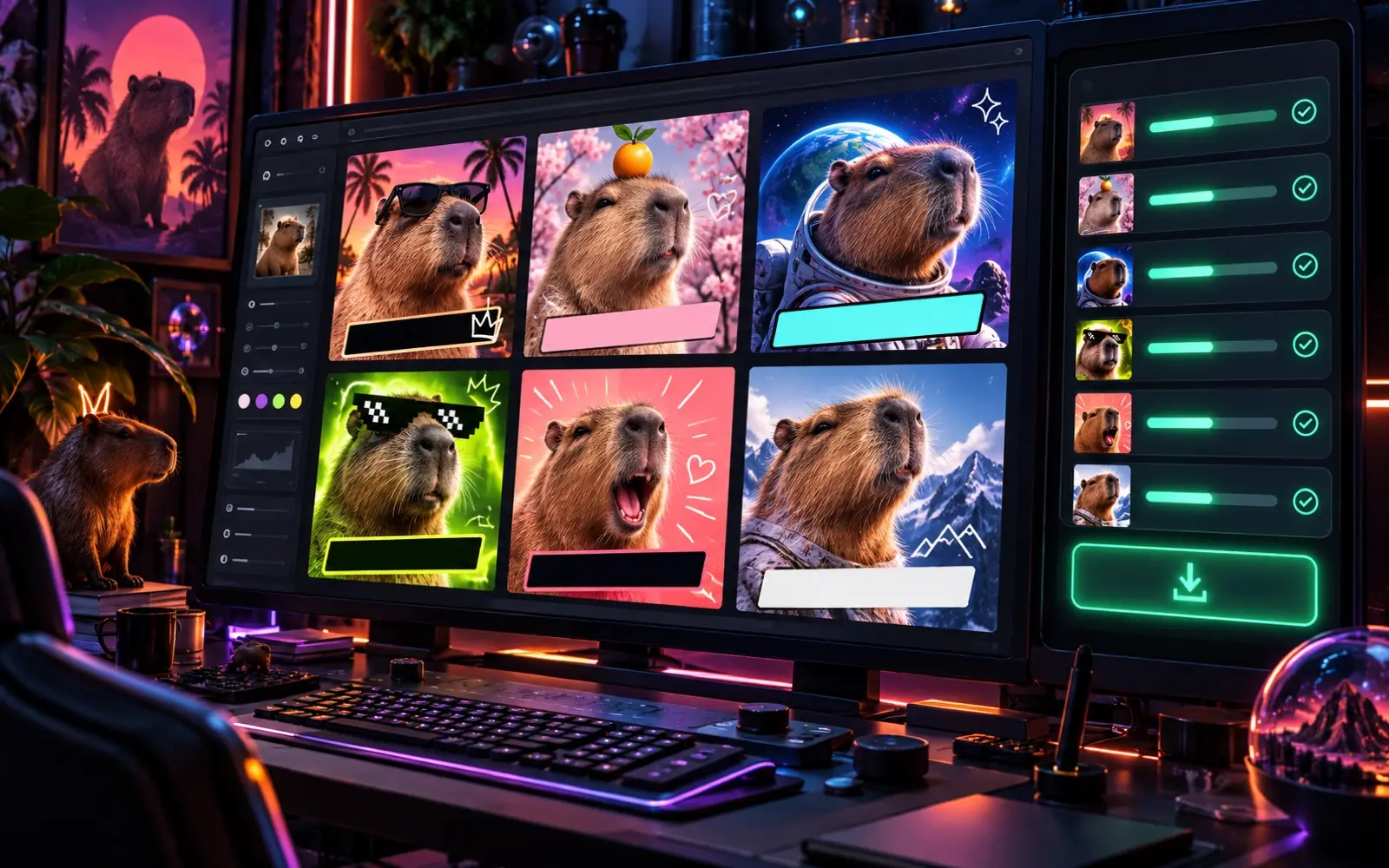 Six colorful capybara meme variations queued for export